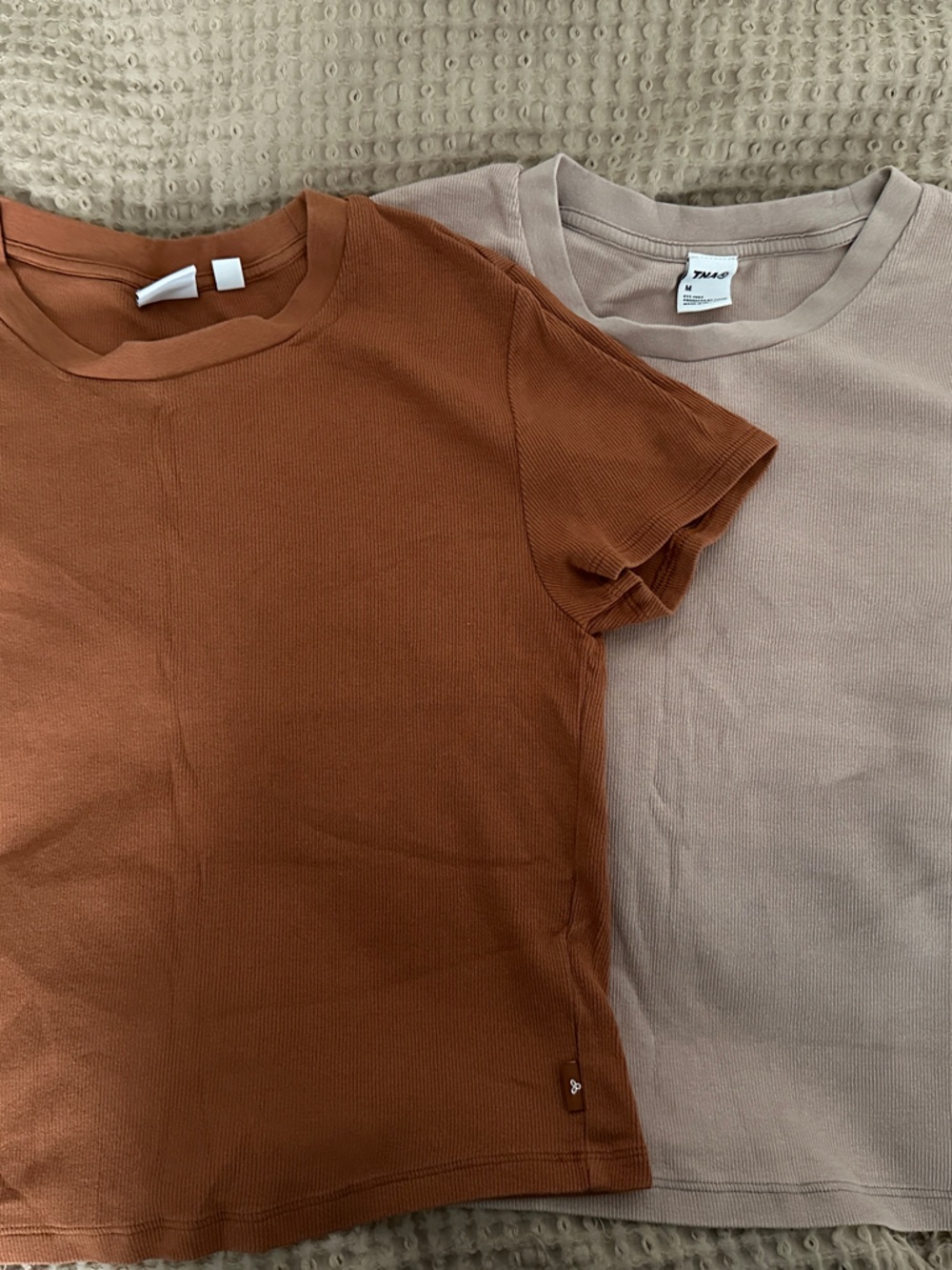 TNA Ribbed Crewneck Tees in Rust and Taupe